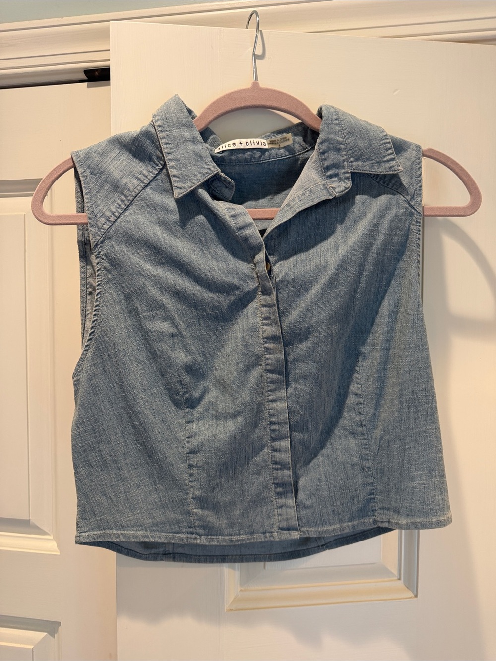 Alice + Olivia Light Blue Denim Sleeveless Collared Top - Picture 2 of 4